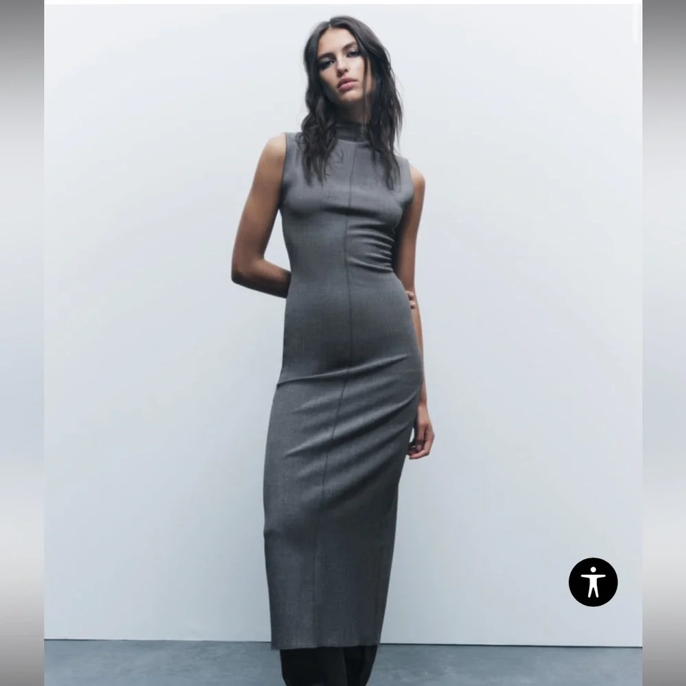 slim fit dress slacks Zara Woman Gray V-Neck Pleated Midi Dress main image 0